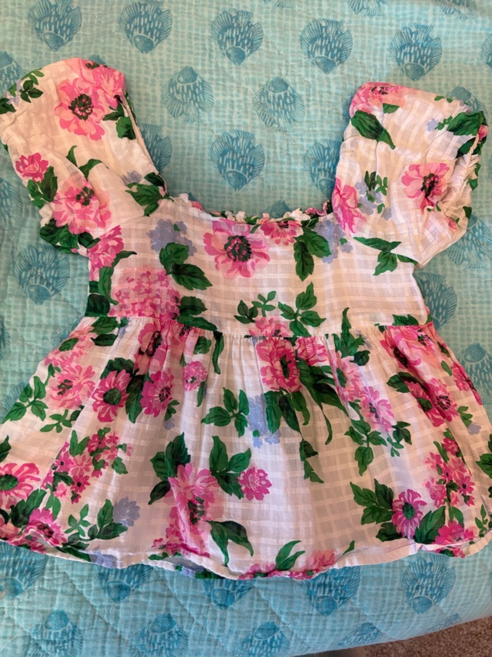Janie and Jack Pink Floral Puff Sleeve Blouse